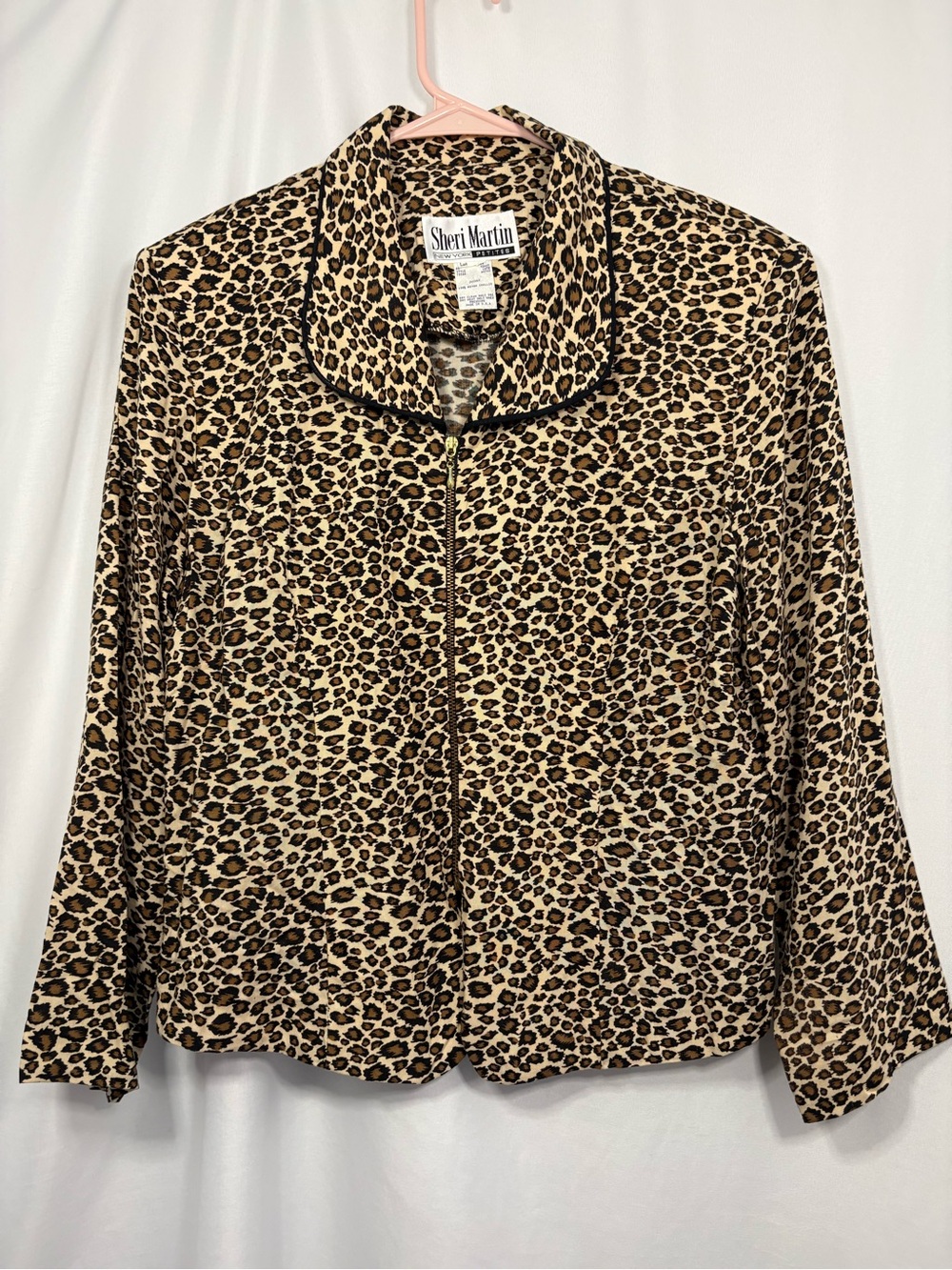 Vintage Petite Sheri Martin Leopard Print Zip-Up Jacket Tan, Black Shoulder Pads